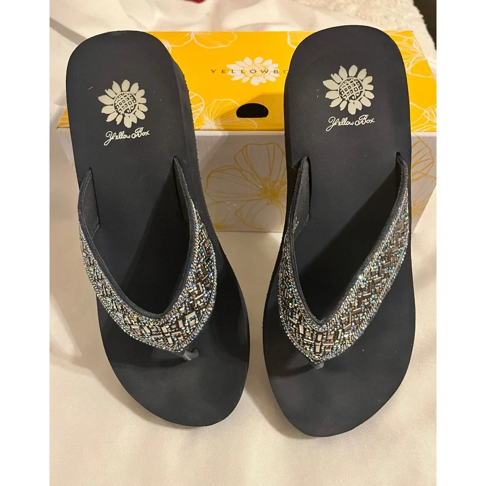 Yellow Box Selma Navy Blue Embellished Platform Wedge Flip Flops Sandals  8.5 - Picture 3 of 6